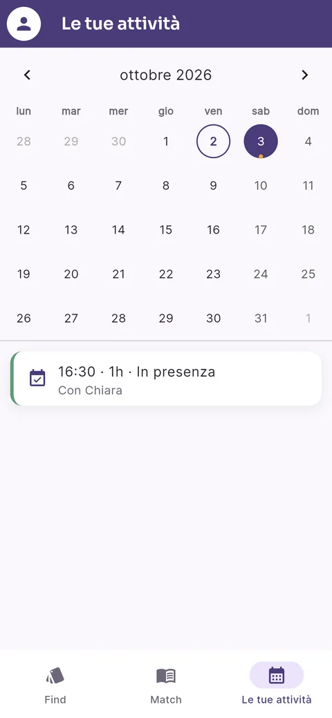 Calendario delle attività con una lezione in presenza