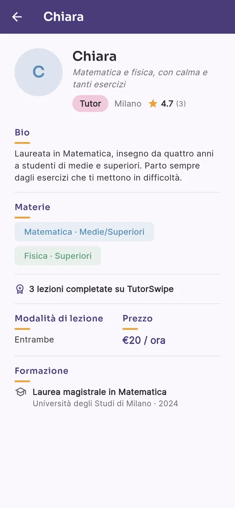 Profilo di una tutor con valutazione, materie, prezzo e formazione